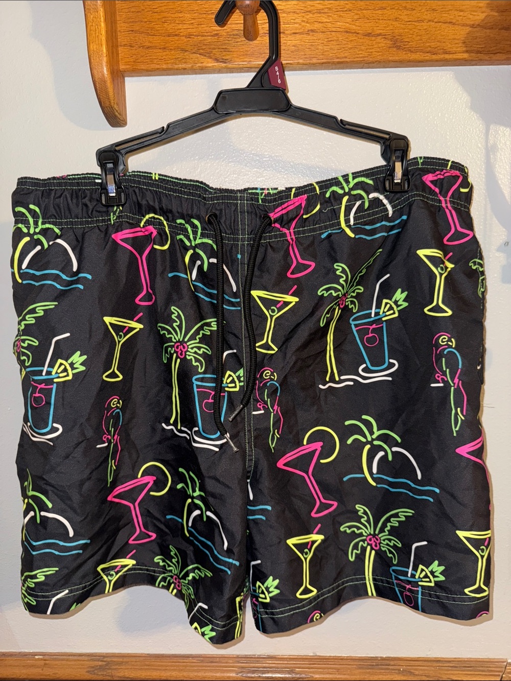 Men's Black Neon Cocktail Print Swim Trunks